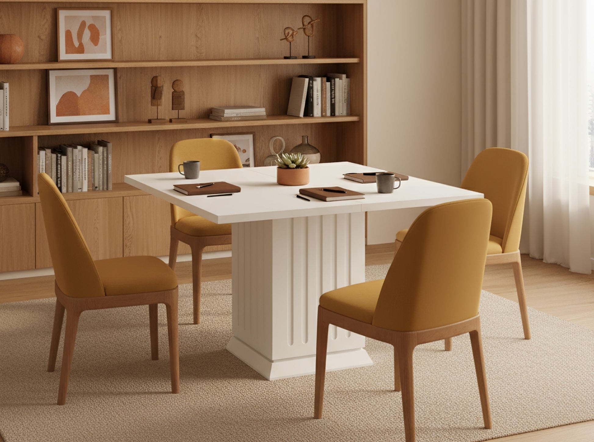 Modern square dining table with solid pedestal base in cozy dining room, small kitchen table with upholstered chairs and minimalist interior