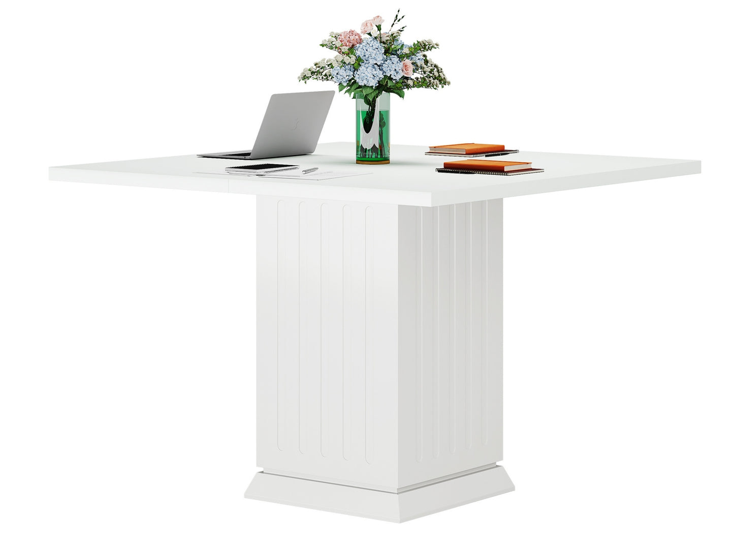 White square dining table with solid pedestal base, minimalist kitchen table isolated on white background