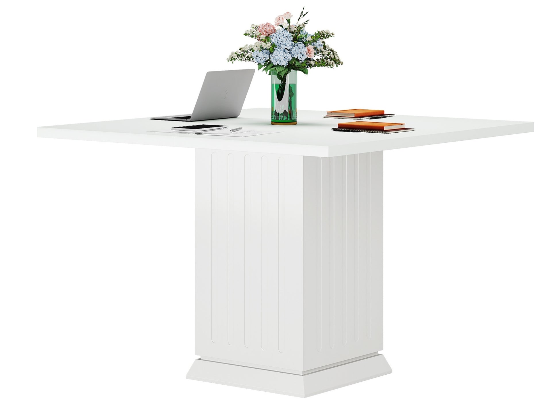 White square dining table with solid pedestal base, minimalist kitchen table isolated on white background