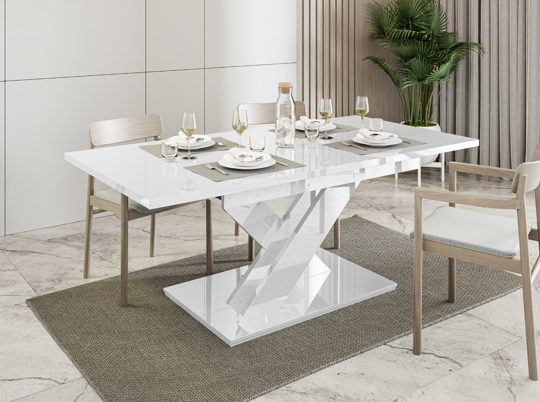 White gloss extending dining table 6-8 seater with glossy finish.