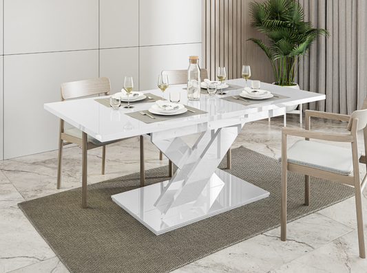 White gloss extending dining table 6-8 seater with glossy finish.