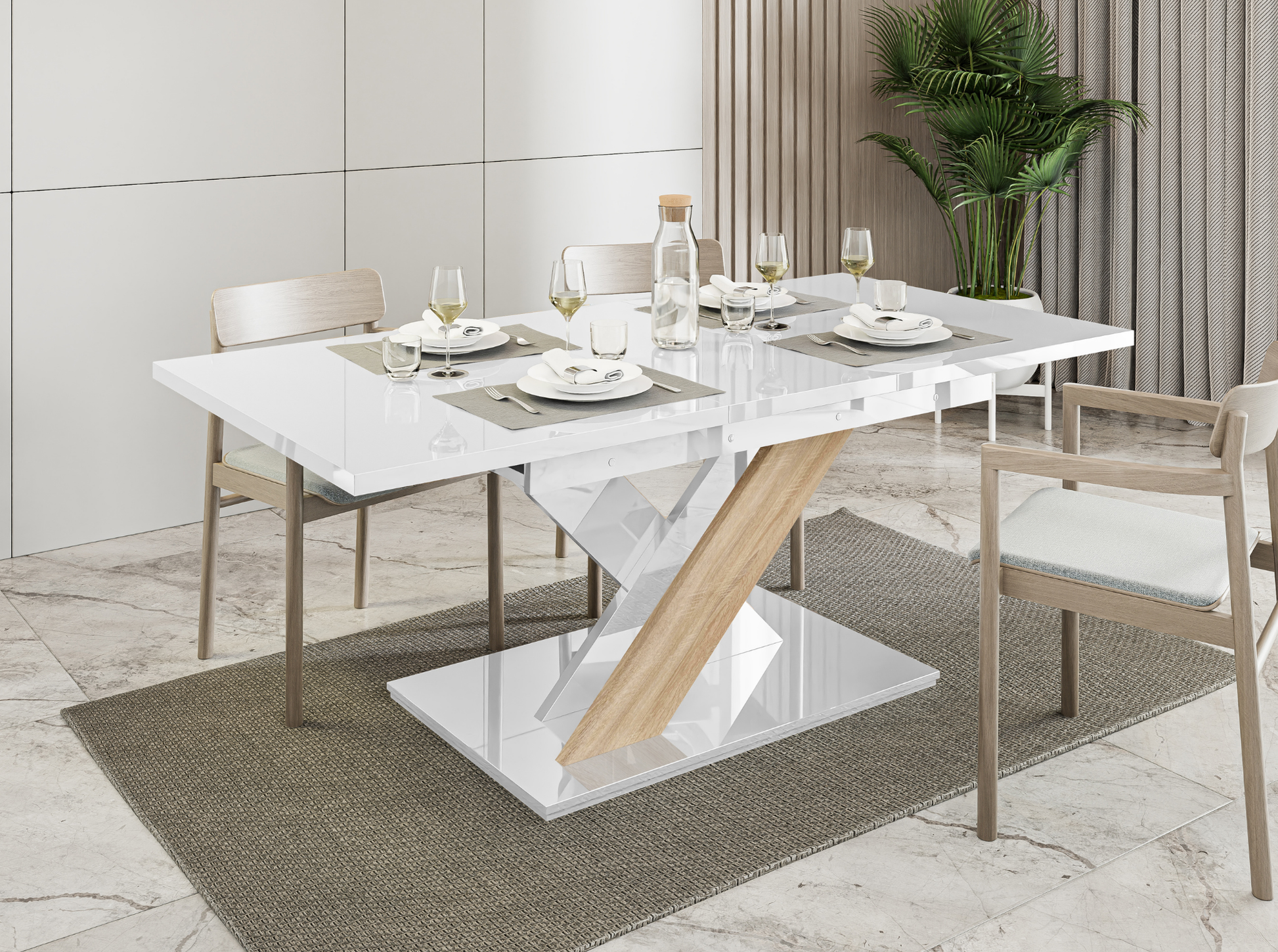 White gloss extending dining table 6-8 seater with Sonoma oak effect base.