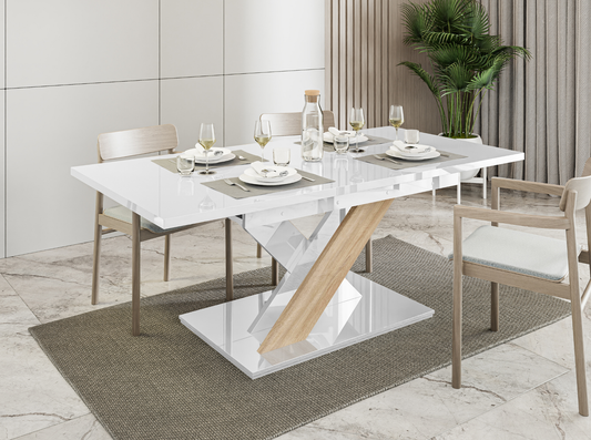 White gloss extending dining table 6-8 seater with Sonoma oak effect base.