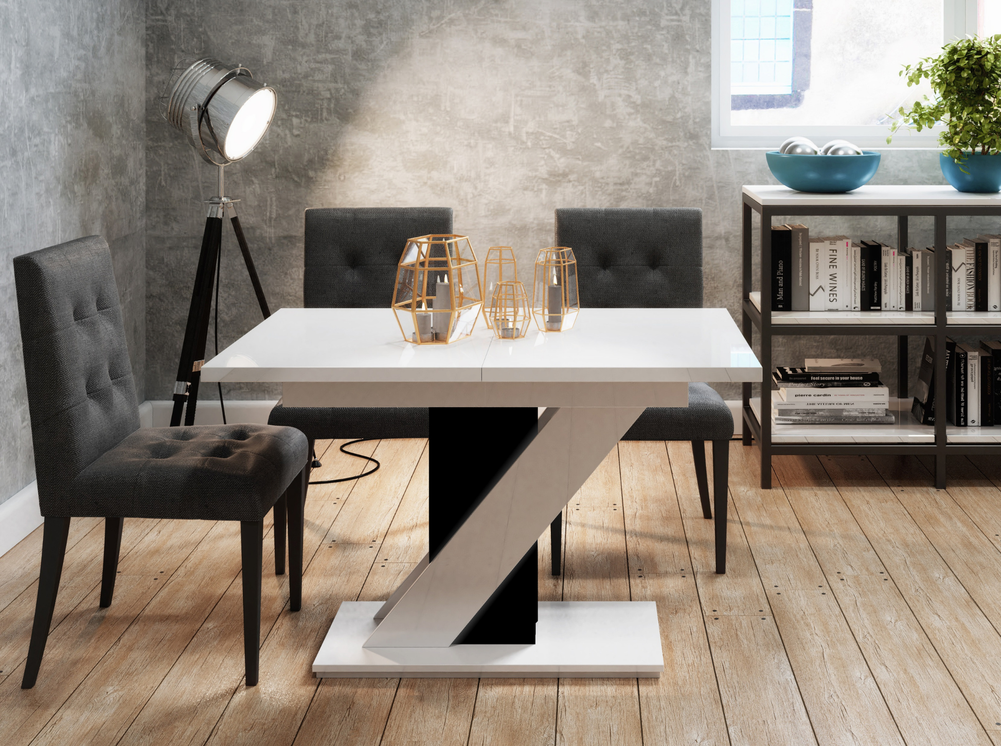Stylish MAVEA dining table 120–160 cm with glossy black and white V-shaped stand.