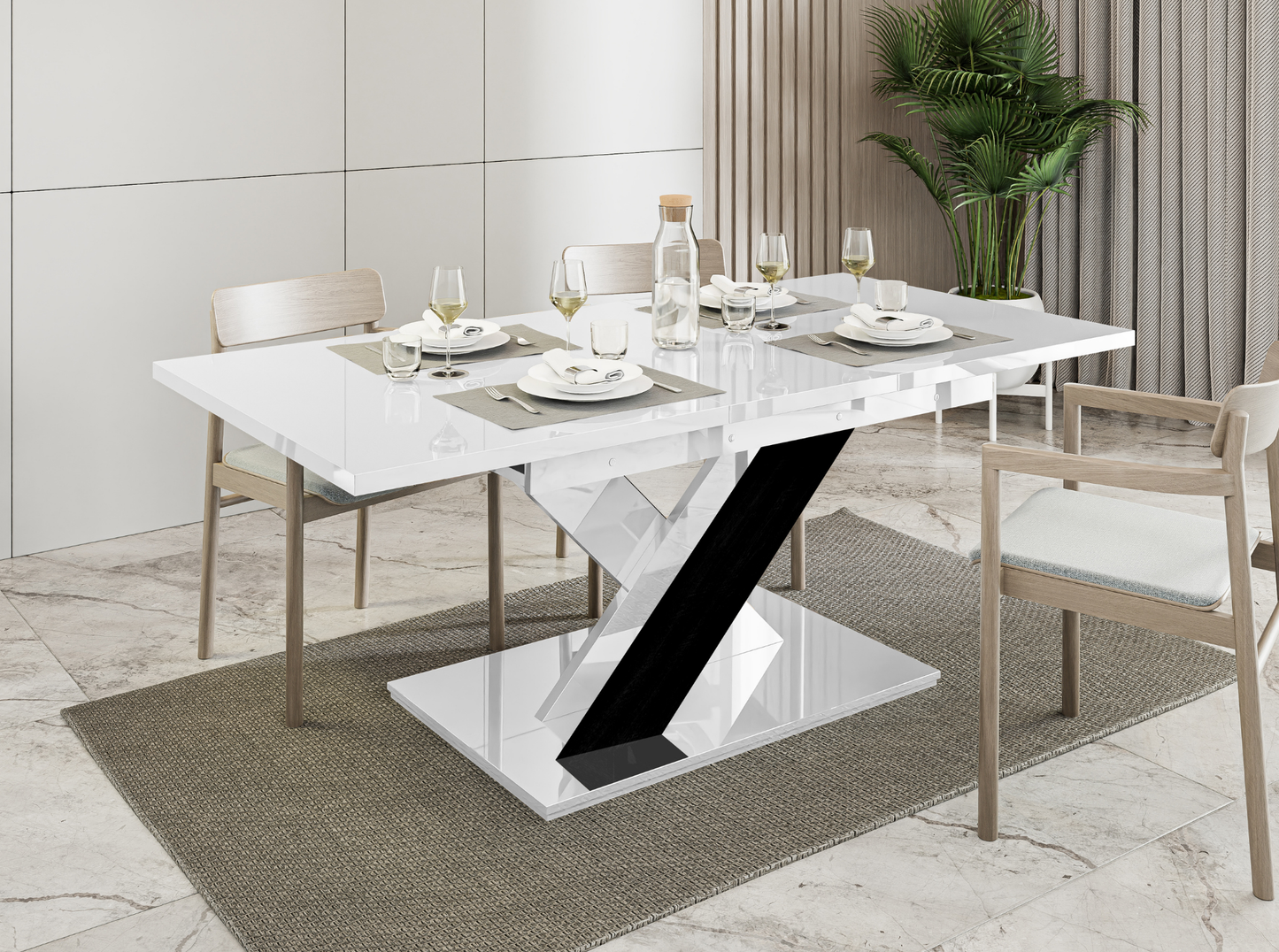 White gloss extending dining table 6-8 seater with black gloss base.