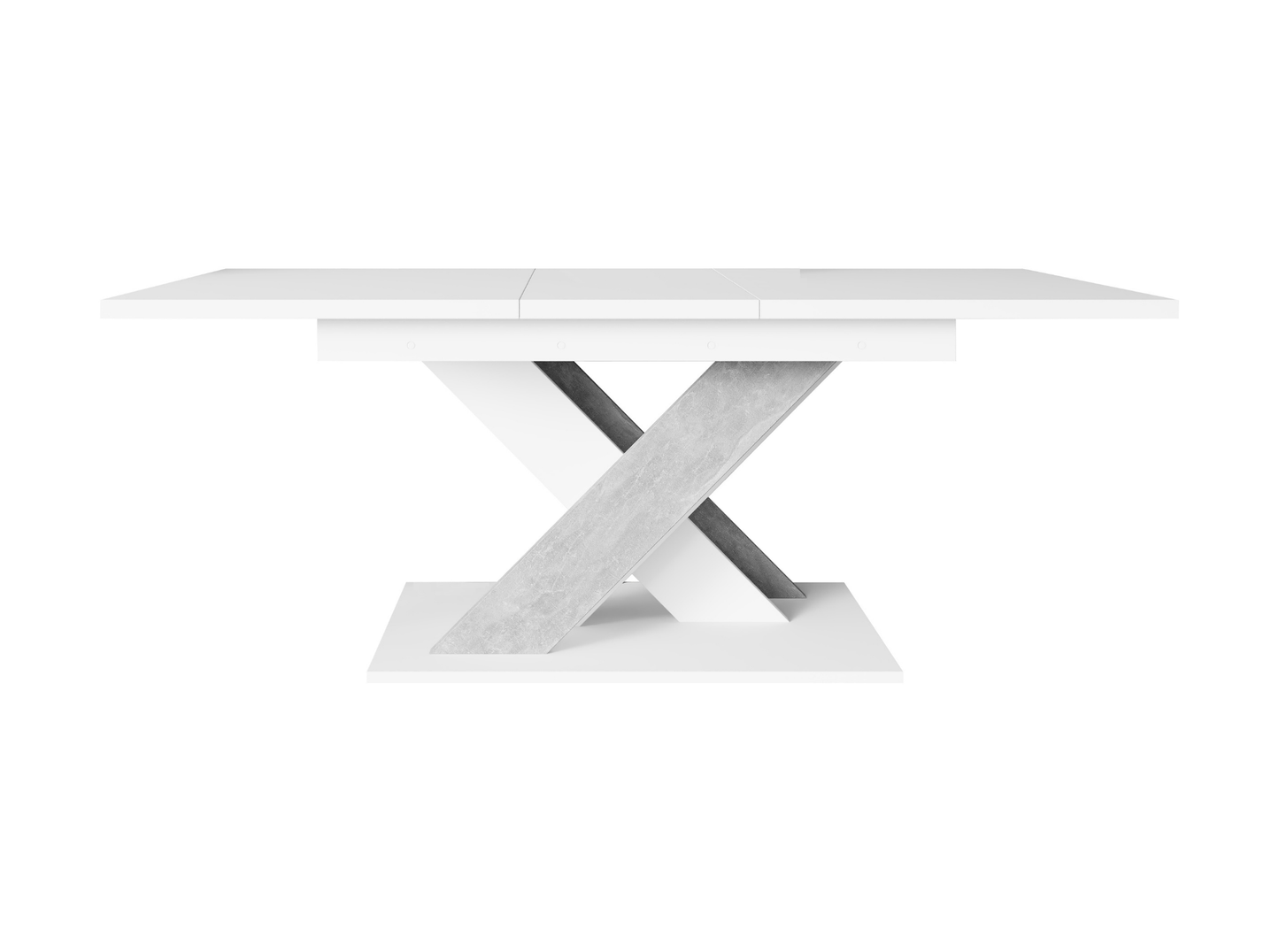 White extending dining table 6-8 seater with concrete effect base.
