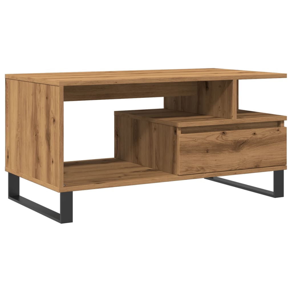 Small wooden coffee table featuring open storage and minimalist metal base, ideal for contemporary interiors.