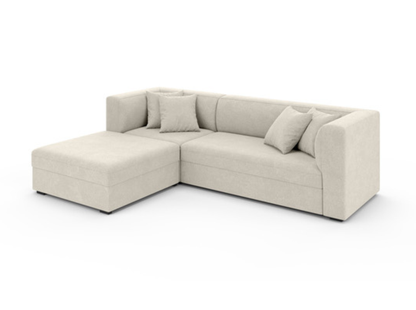 corner sofa bed extended into sleeping position, beige velvet upholstery, double sleeping area