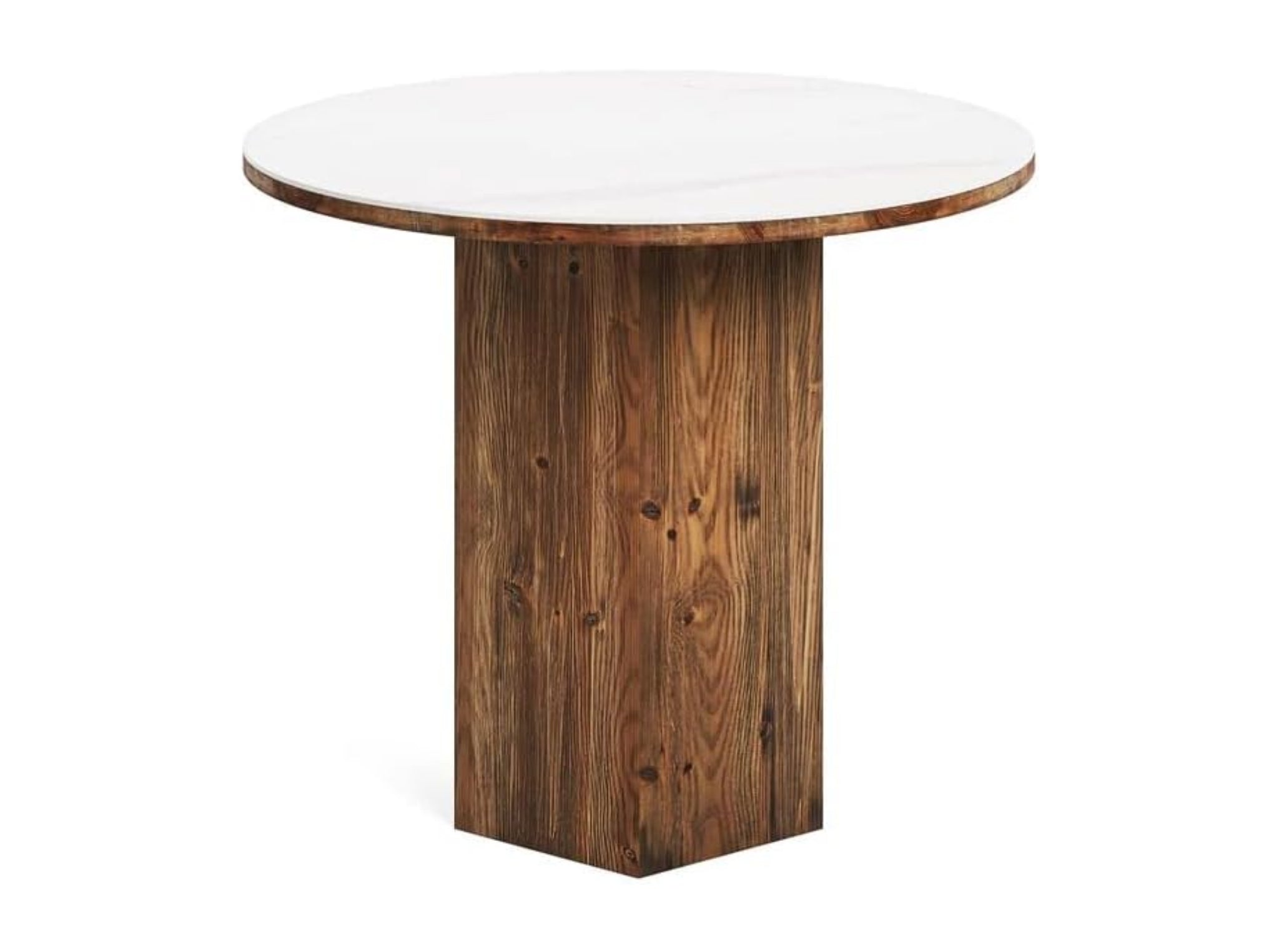 Small round dining table with sintered stone top and solid wood base, modern kitchen table isolated on white background