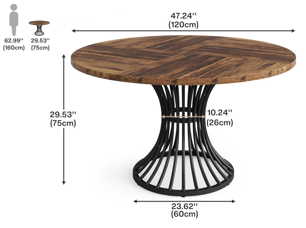 Round wooden dining table with metal pedestal base showing dimensions and measurements, product specification display