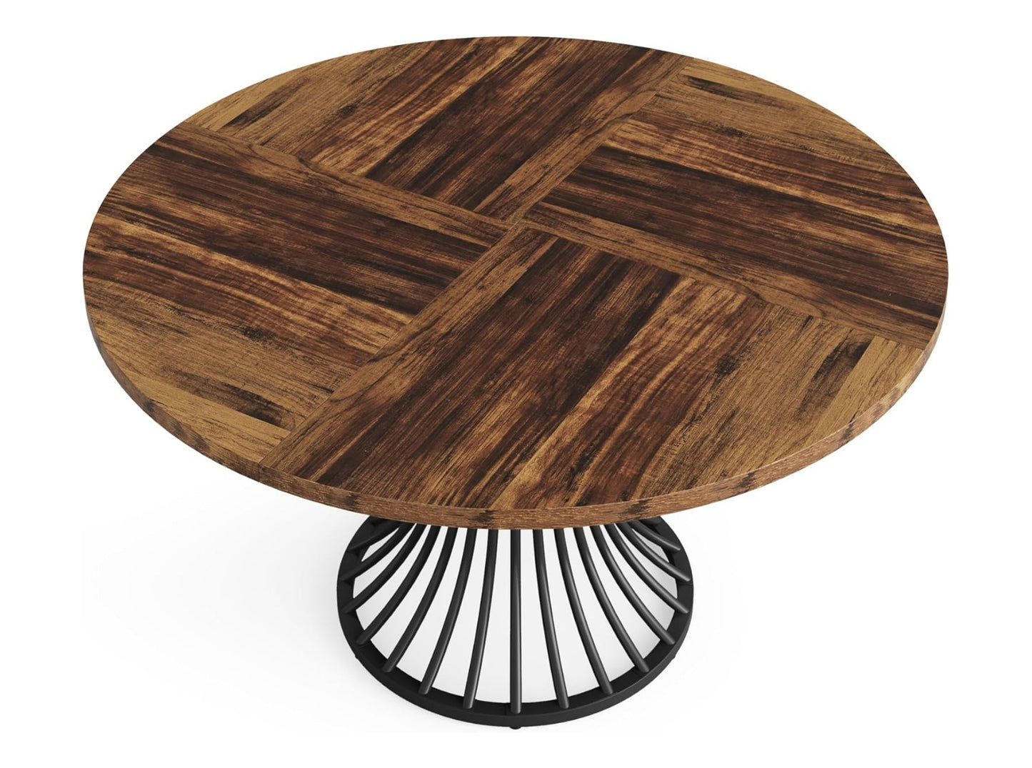 Top view of round wooden dining table showing natural wood grain pattern, solid wood kitchen table surface detail