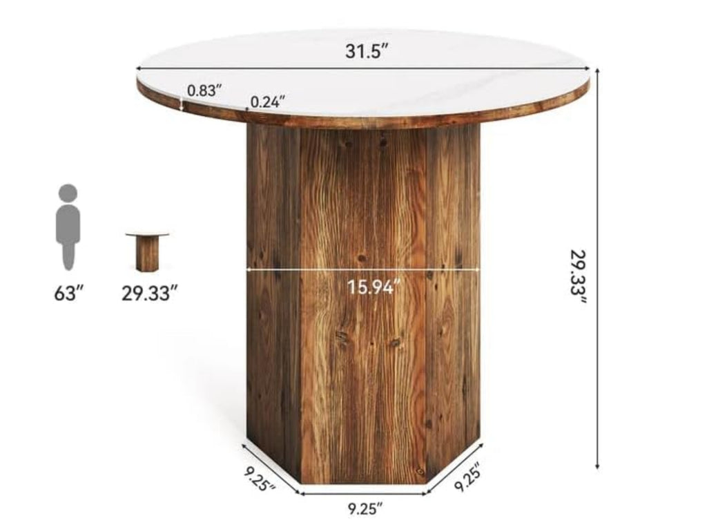 Round dining table with sintered stone top and solid wood base showing dimensions, small kitchen table product display