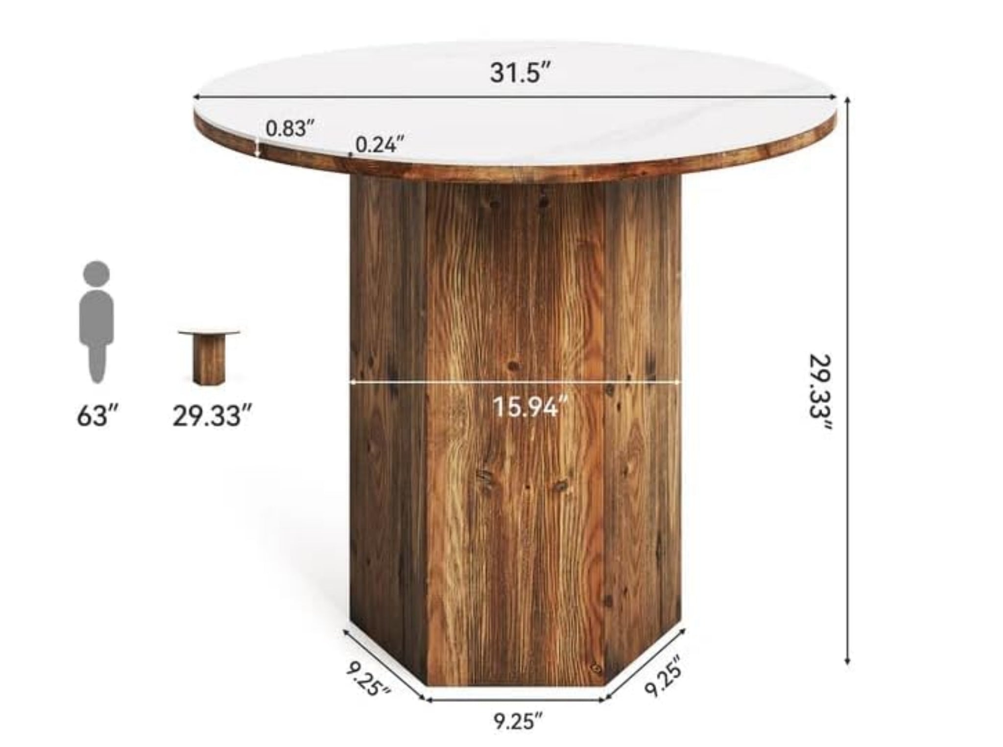 Round dining table with sintered stone top and solid wood base showing dimensions, small kitchen table product display