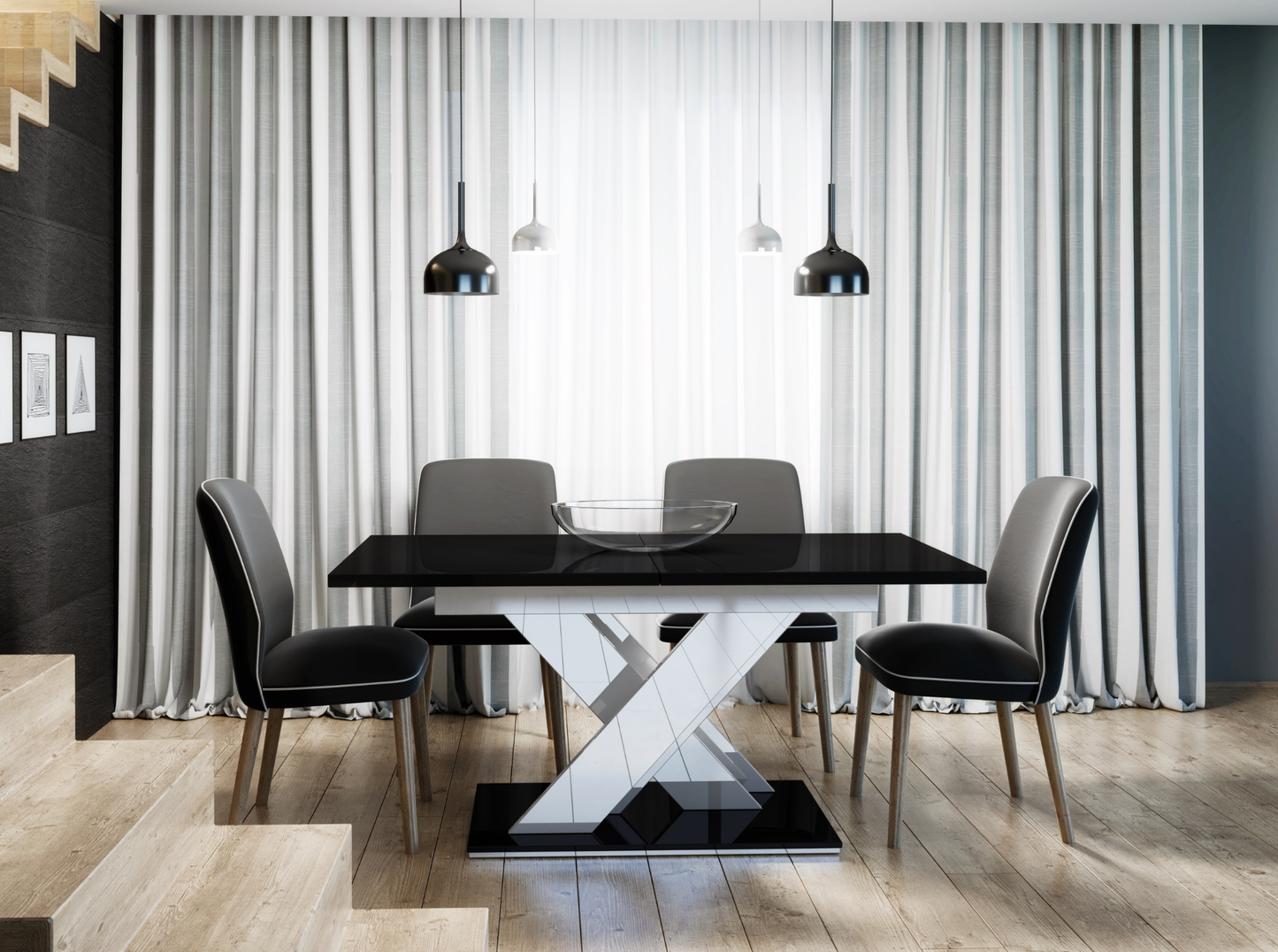 Modern black gloss dining table with contrasting white and black X-shaped base.