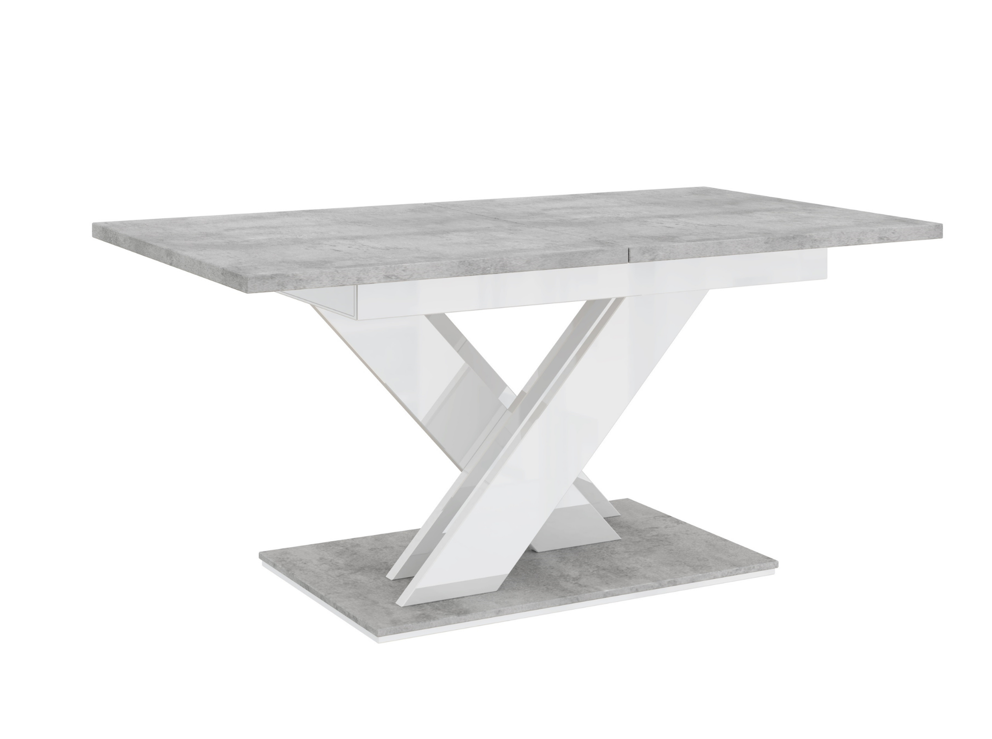 Modern dining table with concrete effect top and white gloss X-shaped base.