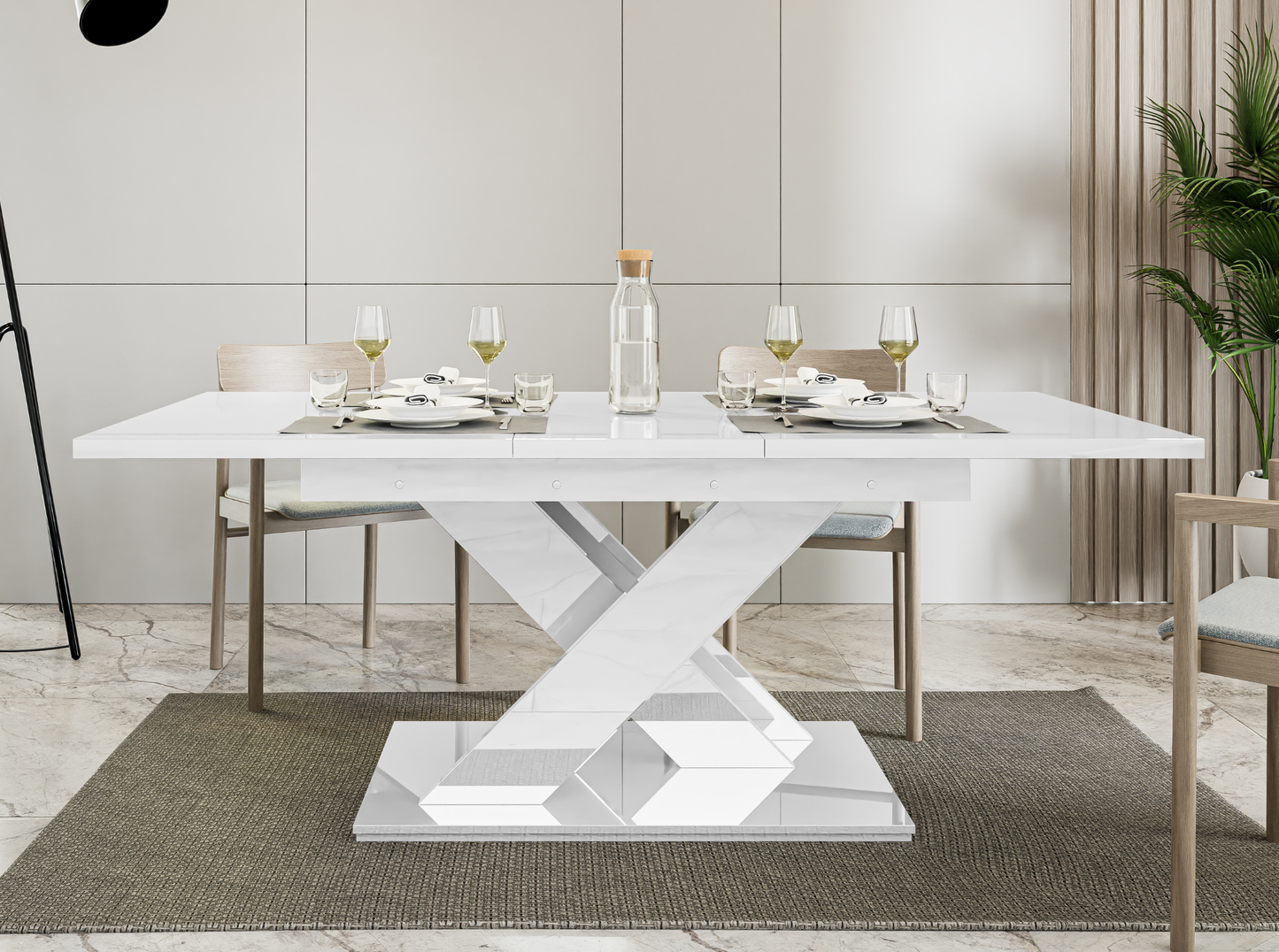 Modern white gloss dining table with X-shaped designer base.