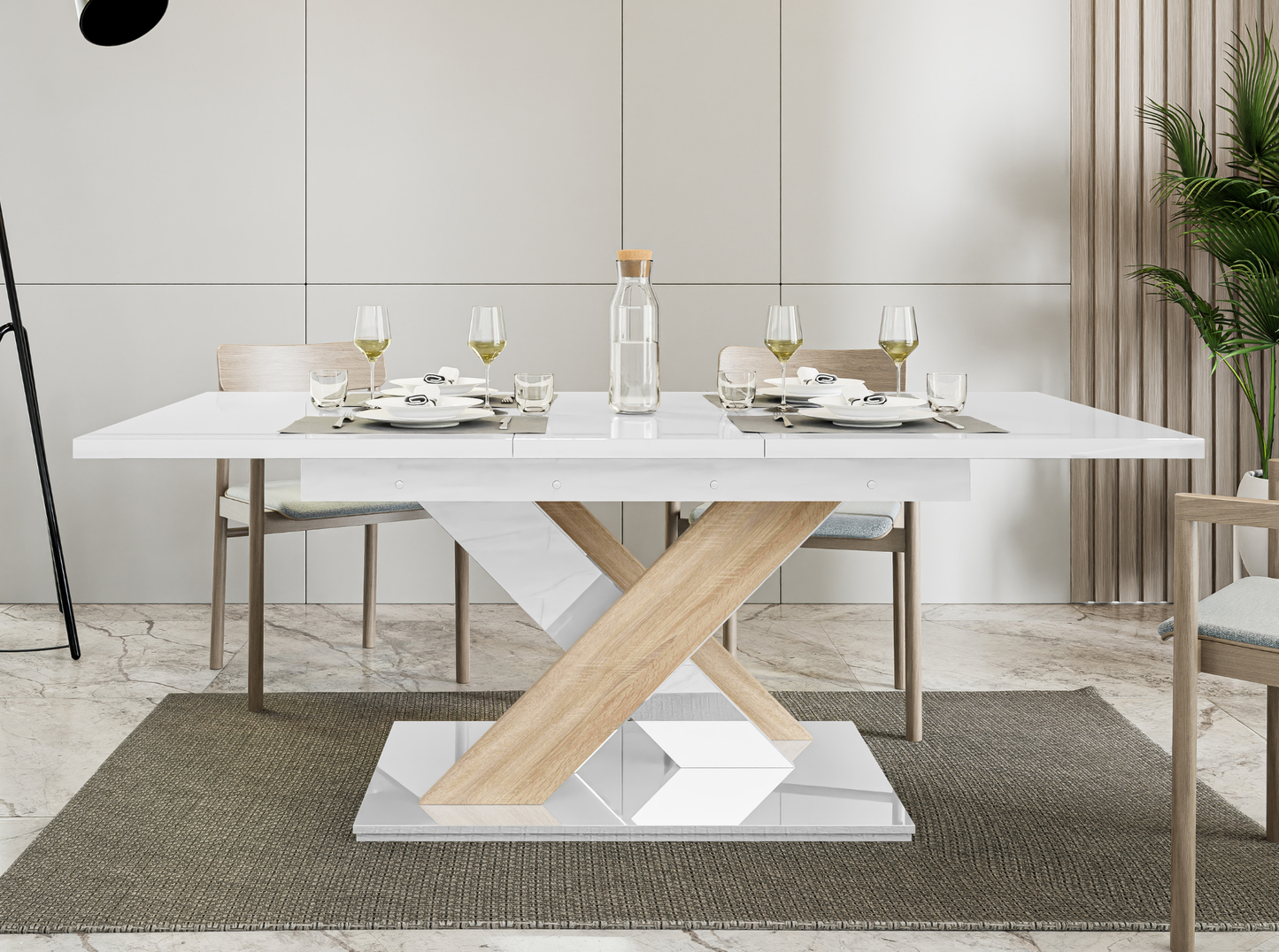 Modern white gloss dining table with contrasting Sonoma oak X-shaped stand.