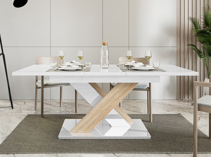 Modern white gloss dining table with contrasting Sonoma oak X-shaped stand.