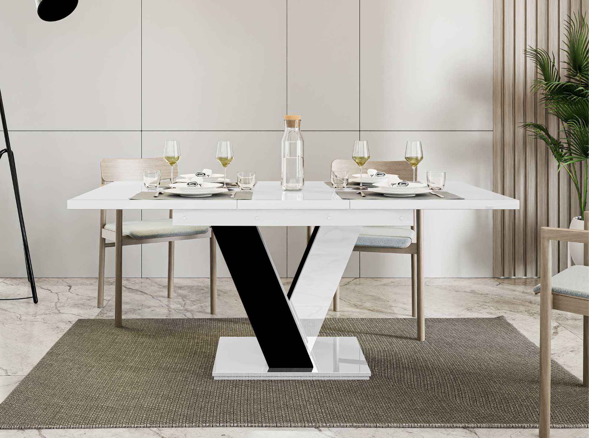 Elegant MASIV dining room table in white gloss with black gloss V-base.