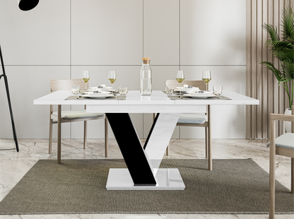 Elegant MASIV dining room table in white gloss with black gloss V-base.