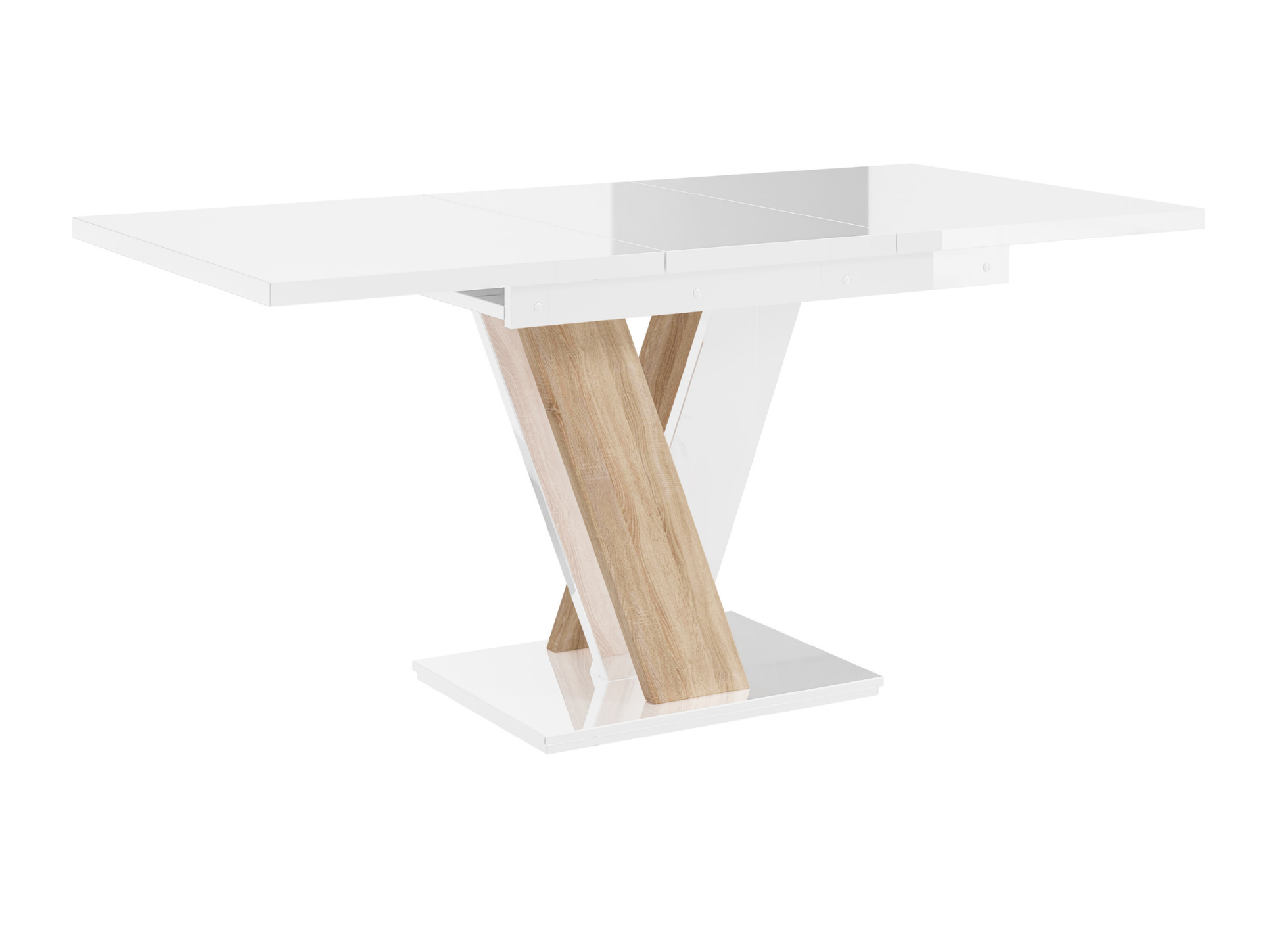 Elegant MASIV dining room table in white gloss with natural oak effect base.