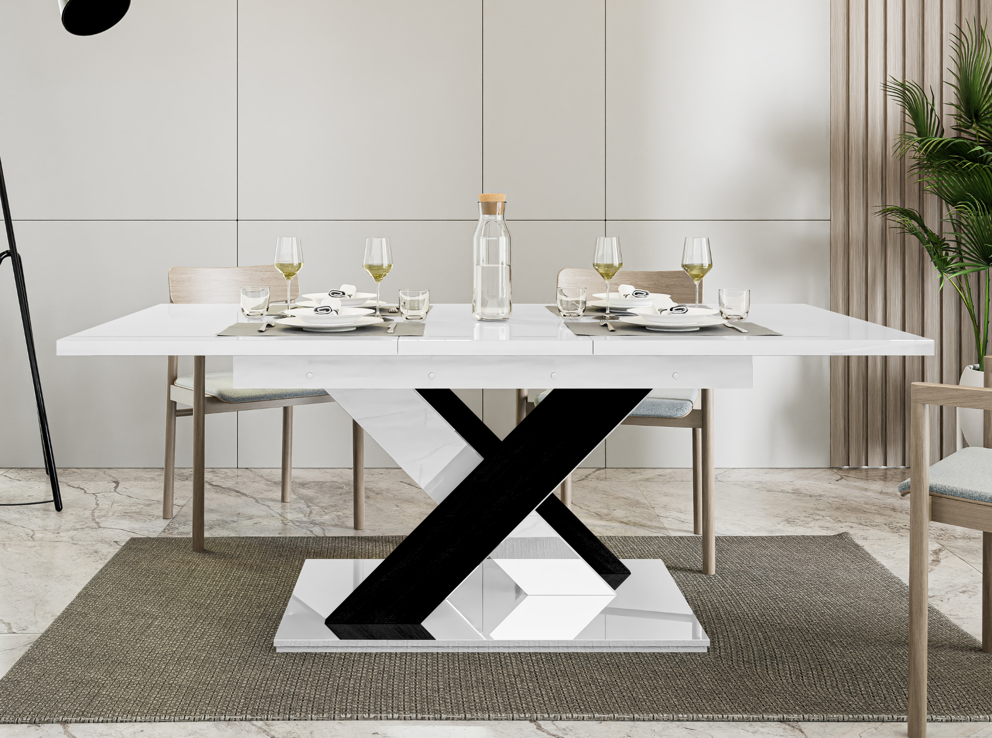 Modern white gloss dining table with contrasting black X-shaped stand.