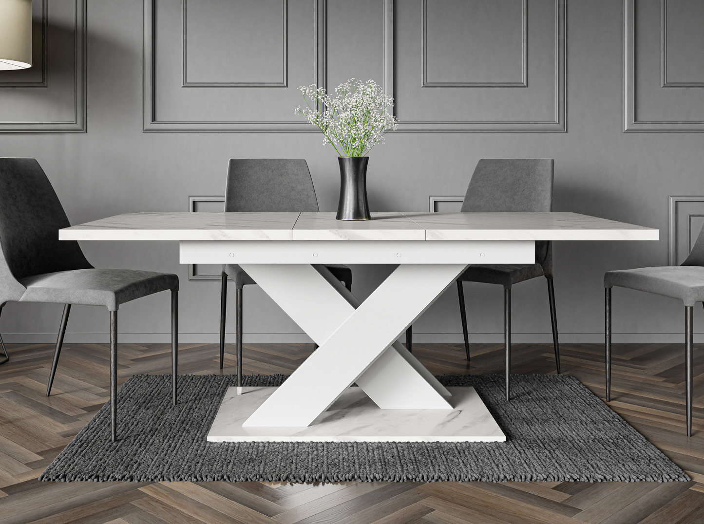 Modern white and marble dining table with X-shaped designer base.