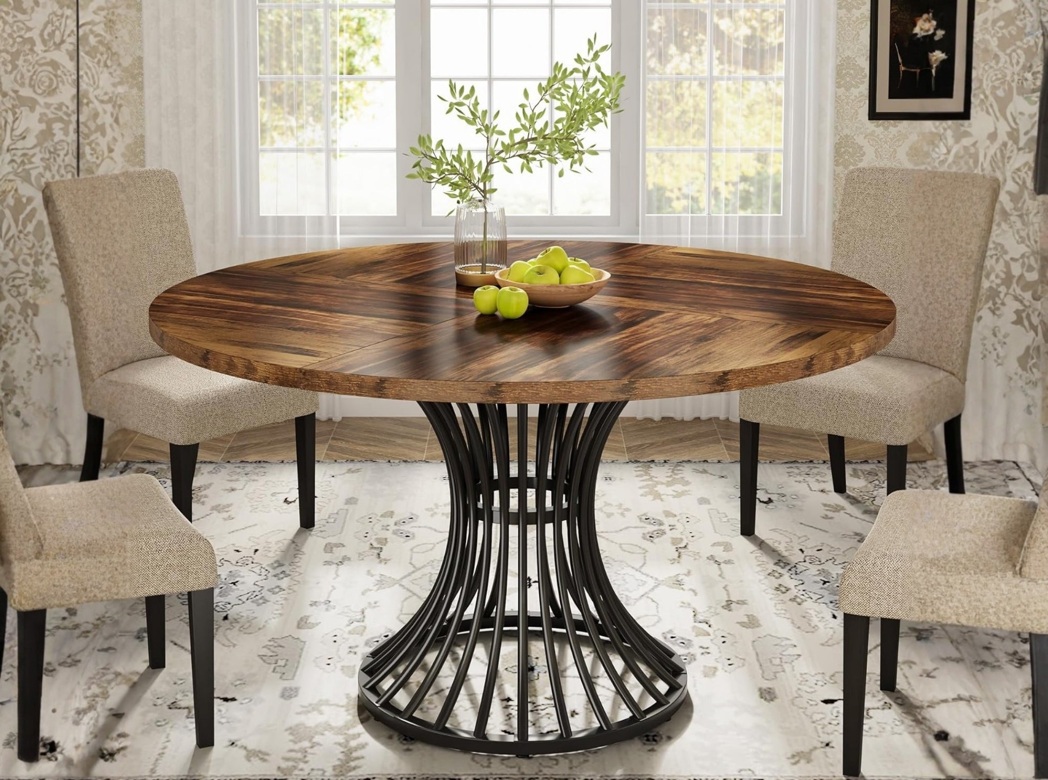 Small round dining table with wood tabletop and metal pedestal base in stylish dining room, modern bistro table design