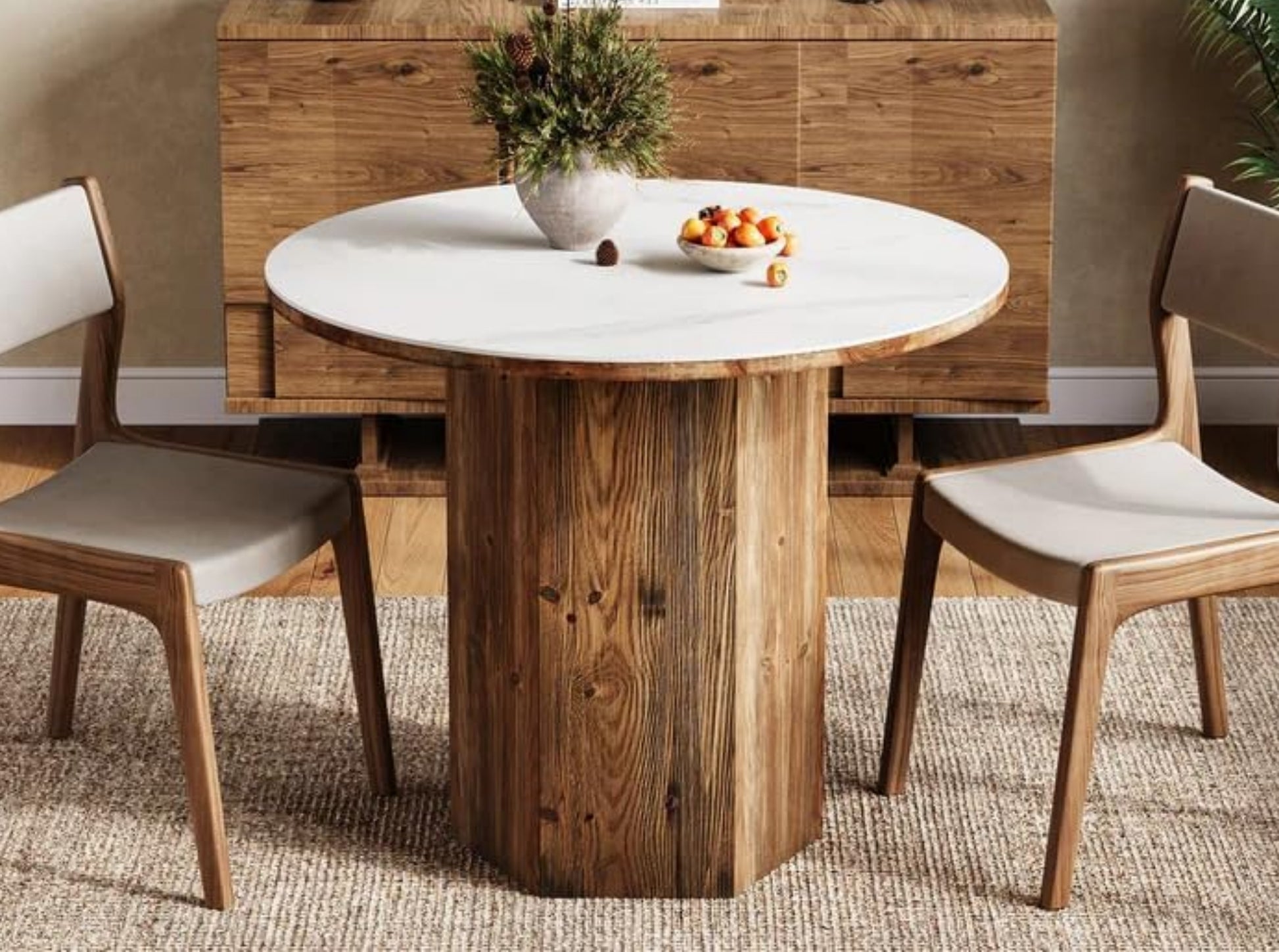 Small round dining table with sintered stone bistro table top and solid wood base in modern kitchen dining room, minimalist kitchen table with chairs