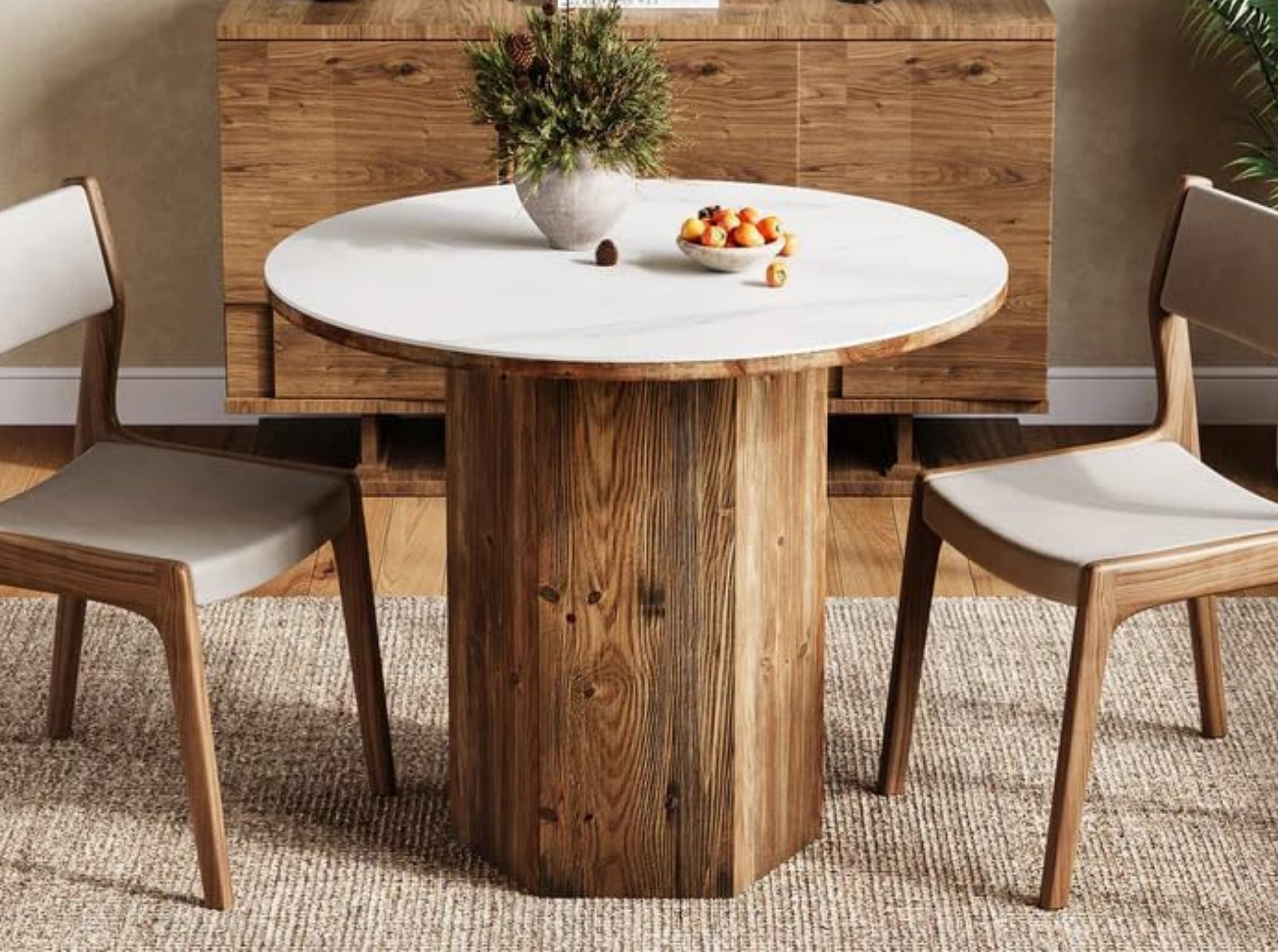 Small round dining table with sintered stone bistro table top and solid wood base in modern kitchen dining room, minimalist kitchen table with chairs