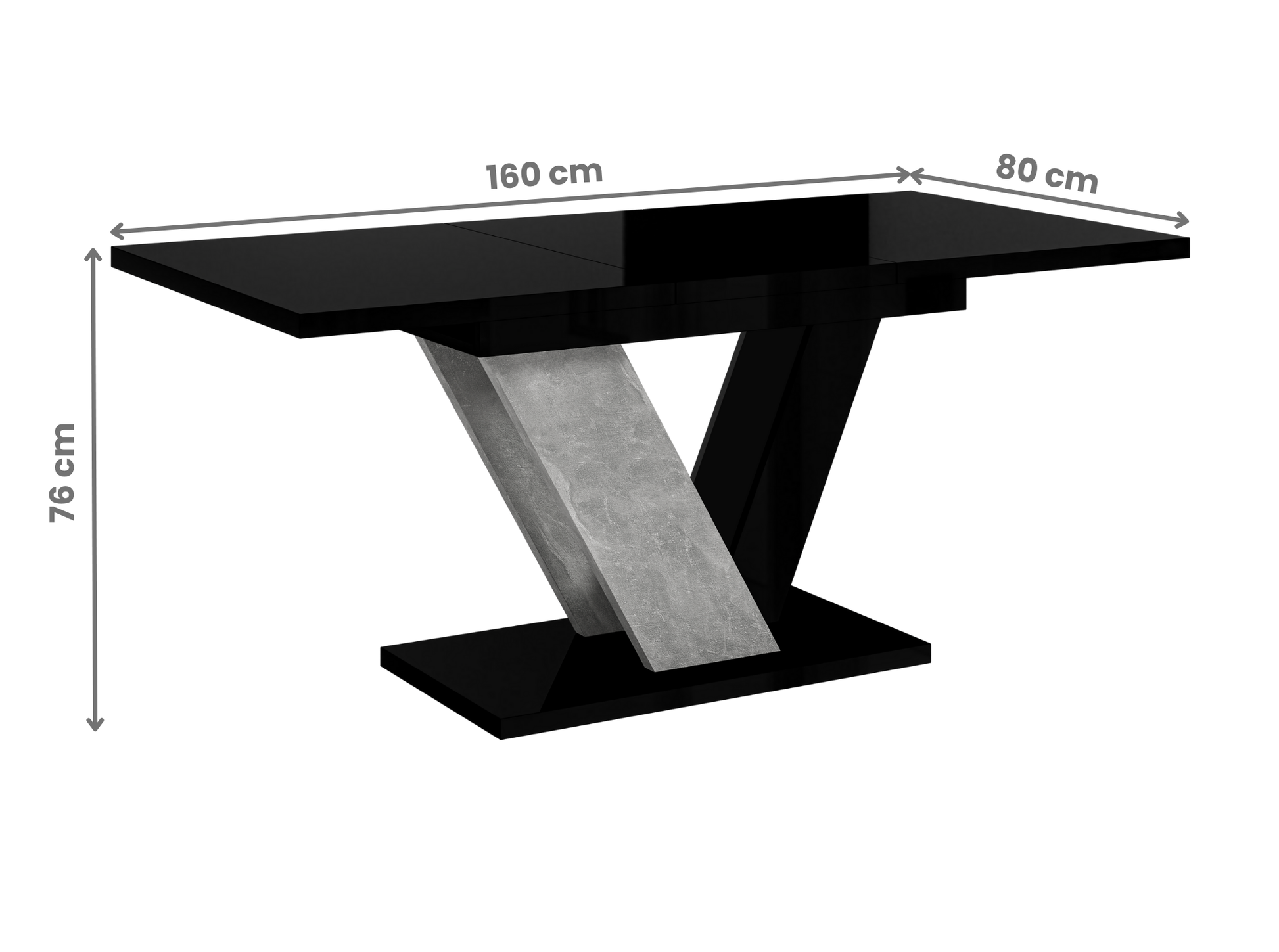 Black dining extendable table with dimensions on a white background