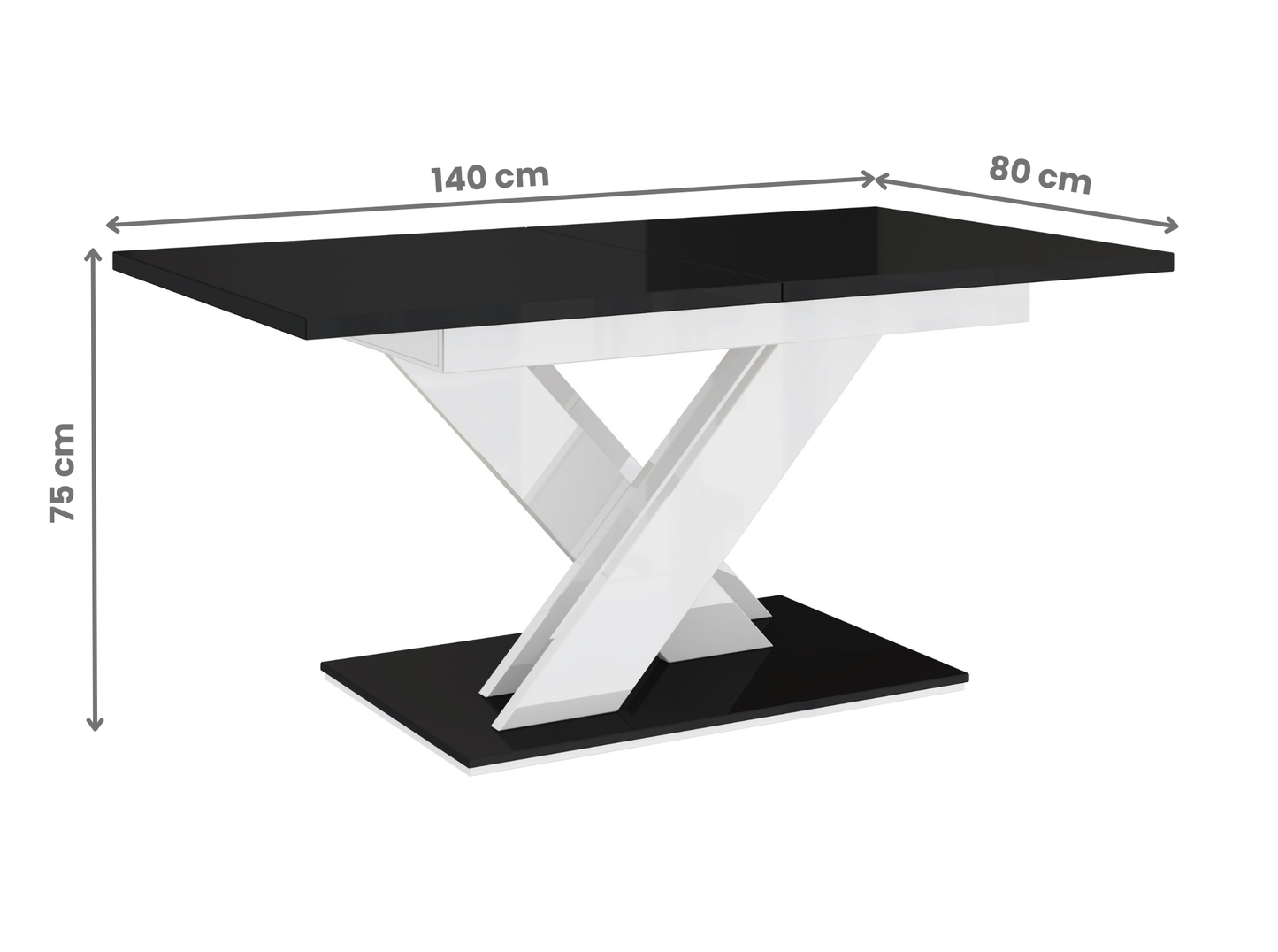 Space-saving kitchen table with black gloss top and white gloss base detail.