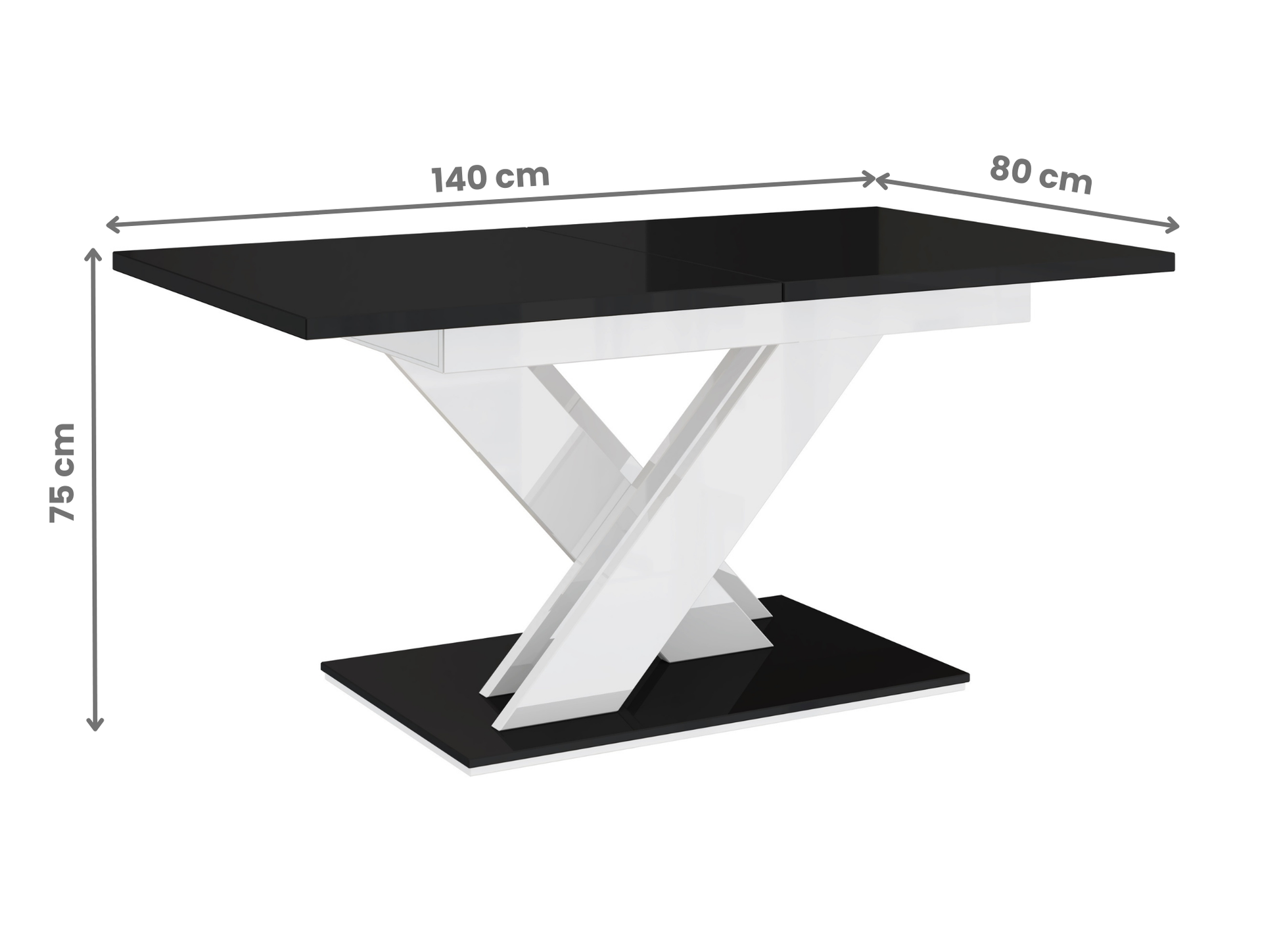 Space-saving kitchen table with black gloss top and white gloss base detail.