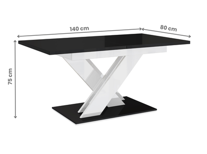 Space-saving kitchen table with black gloss top and white gloss base detail.
