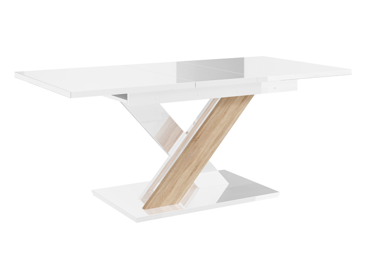 Space-saving kitchen table in white gloss with natural Sonoma oak accent.