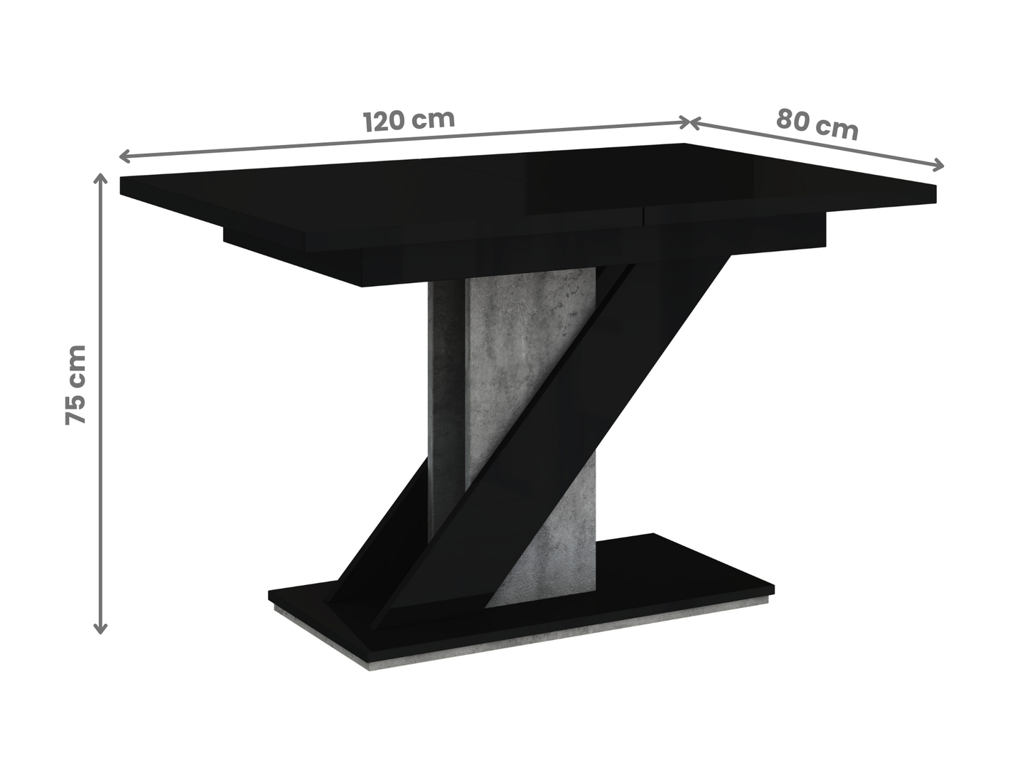 Industrial style extendable dining table MAVEA in black gloss and grey concrete finish.