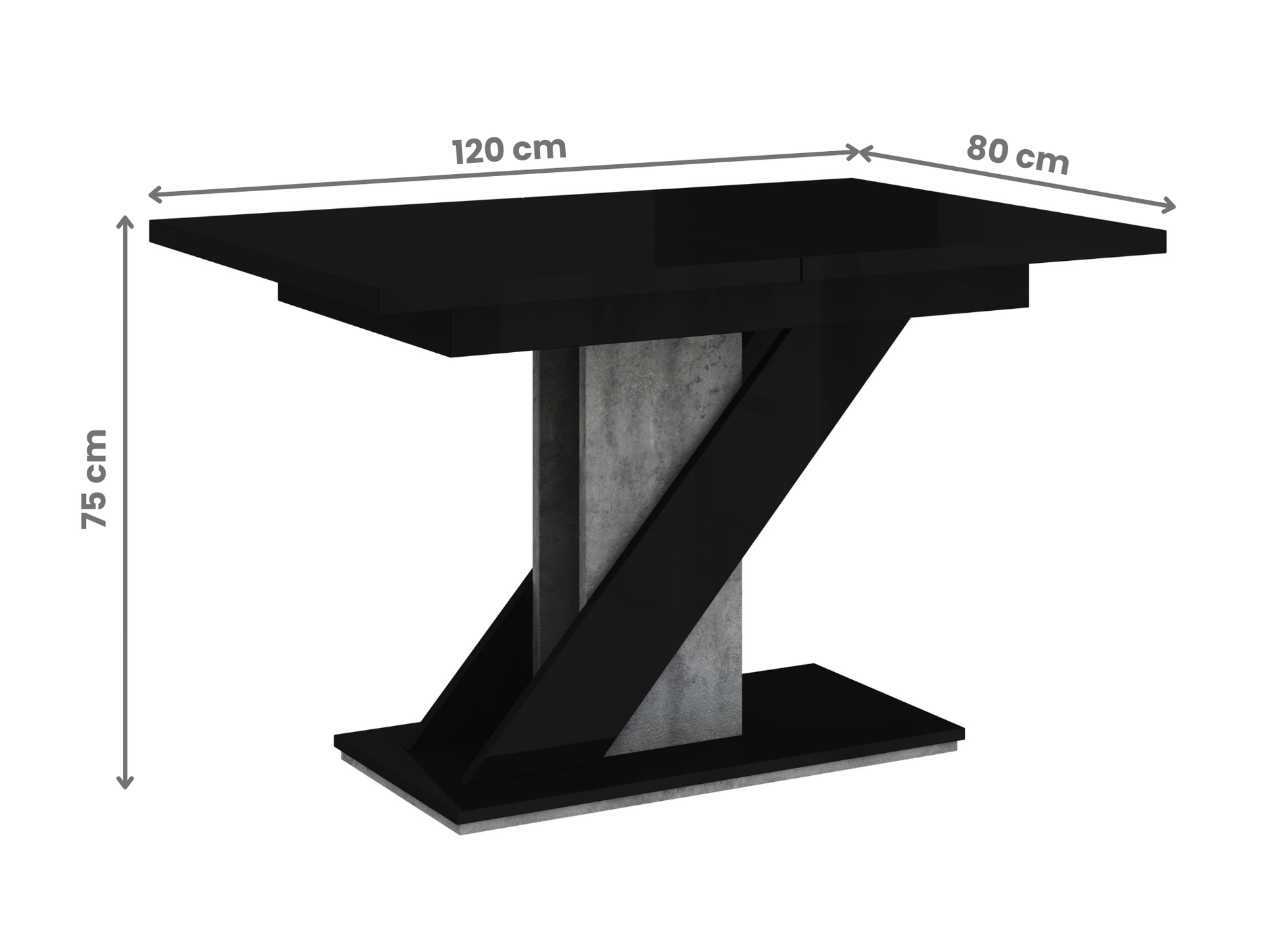 Industrial style extendable dining table MAVEA in black gloss and grey concrete finish.