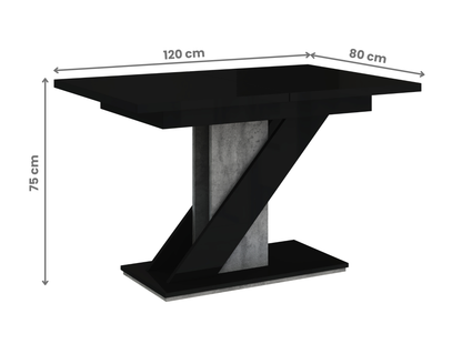 Industrial style extendable dining table MAVEA in black gloss and grey concrete finish.