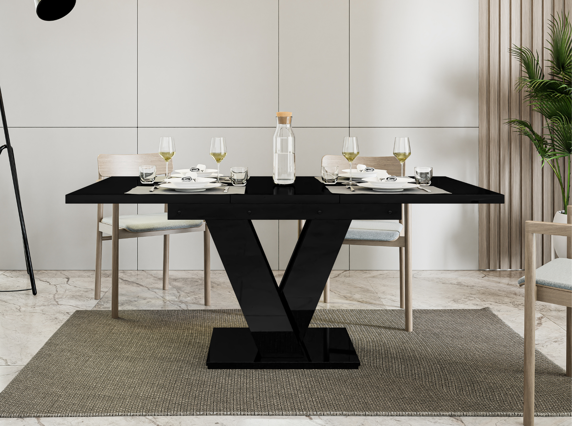 MASIV extendable dining table in black gloss, perfect for small spaces.
