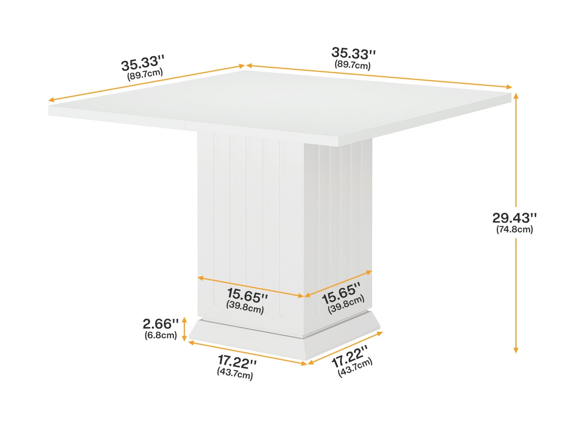Square kitchen table with solid base showing dimensions and measurements, modern dining table product details