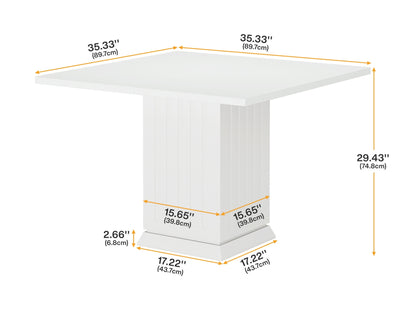 Square kitchen table with solid base showing dimensions and measurements, modern dining table product details