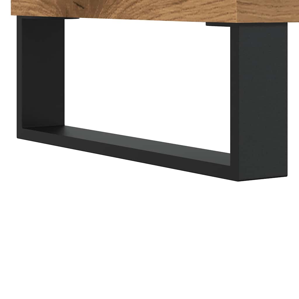 Durable black metal base of a wooden coffee table, providing stability and sleek contrast to the oak top.