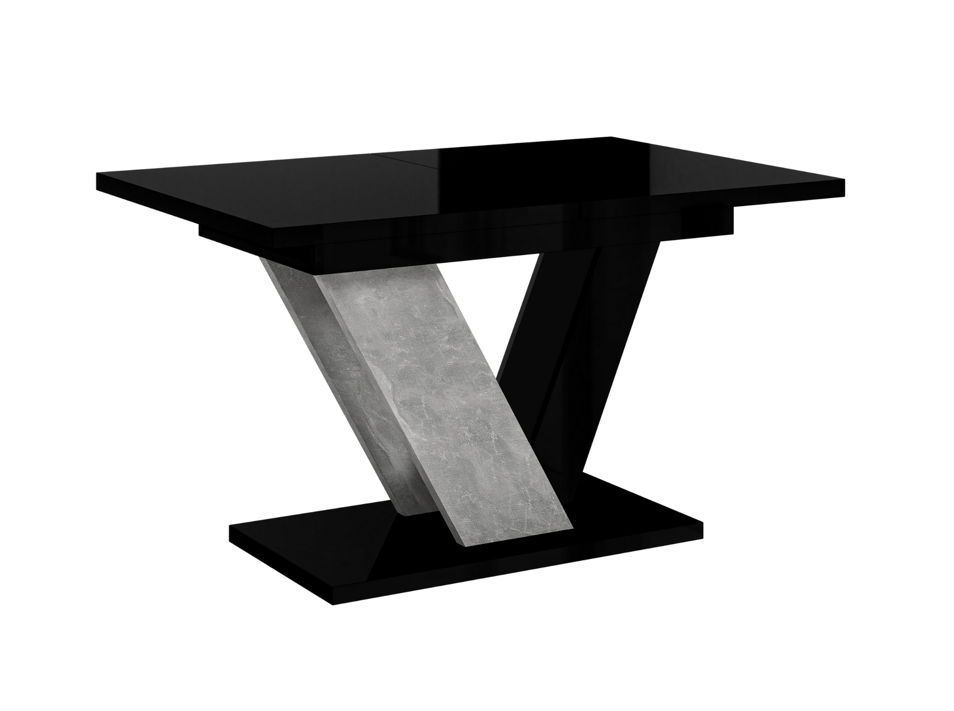 Black glass table with concrete base on a white background