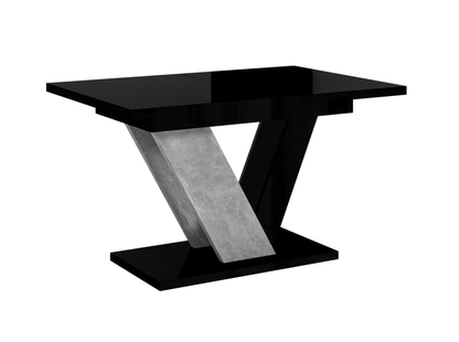 Black glass table with concrete base on a white background