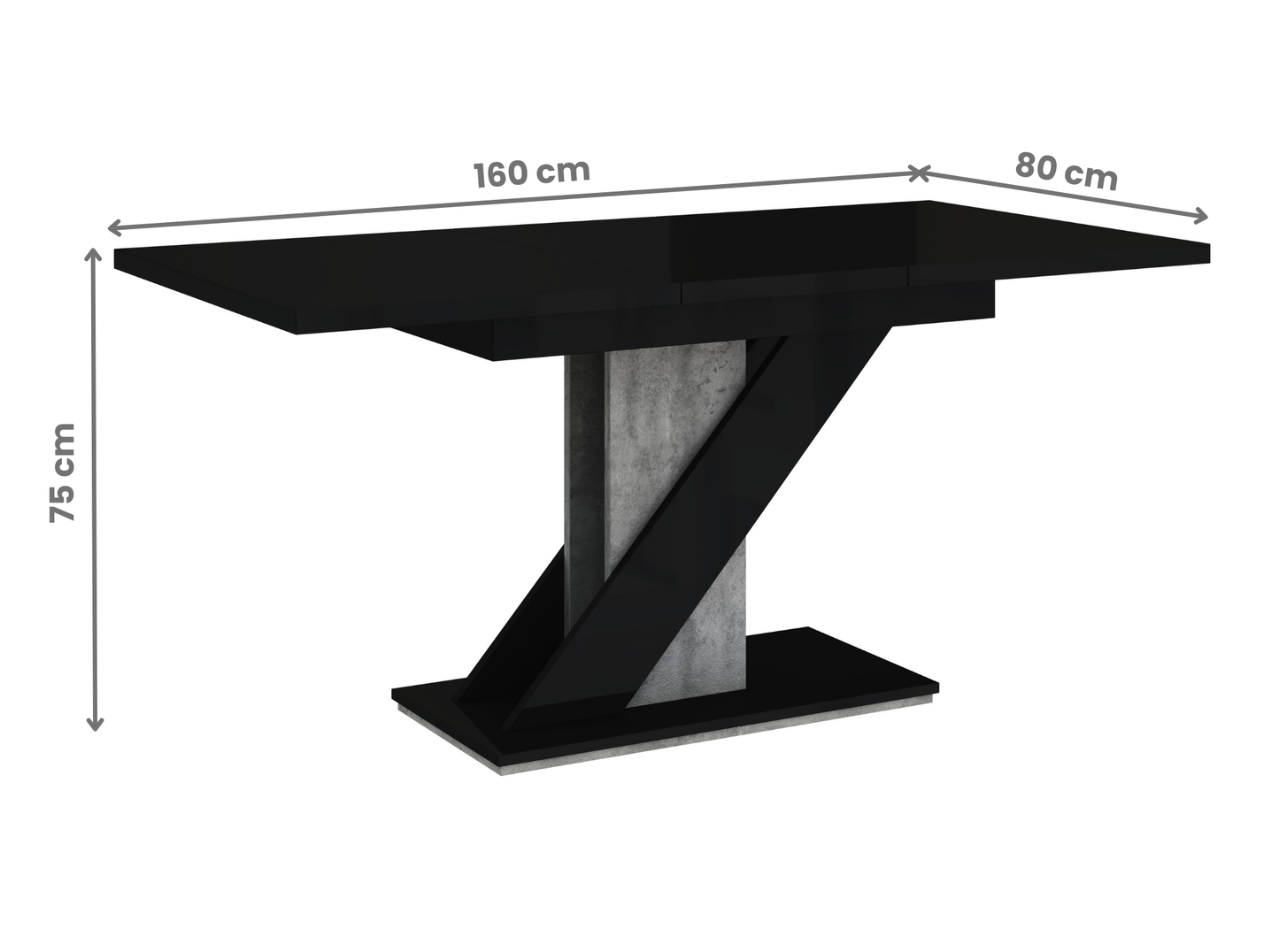Extendable dining table MAVEA black gloss with grey concrete base, ideal for modern interiors.