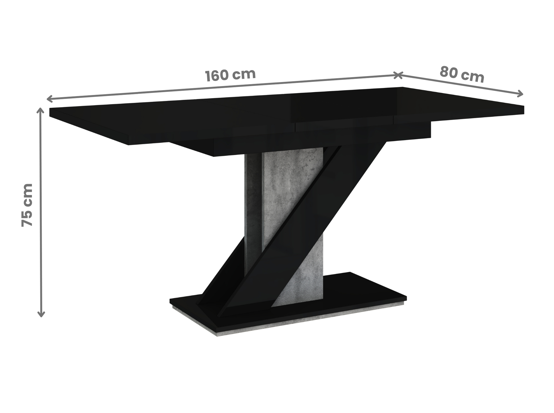 Extendable dining table MAVEA black gloss with grey concrete base, ideal for modern interiors.