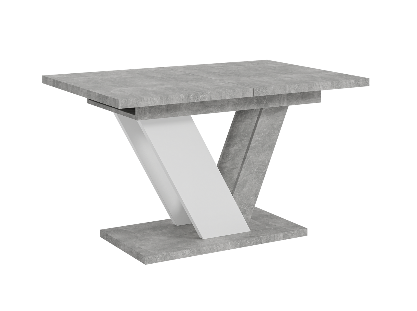 Dining table with gray concrete-like top and white base on a white background