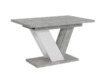 Dining table with gray concrete-like top and white base on a white background