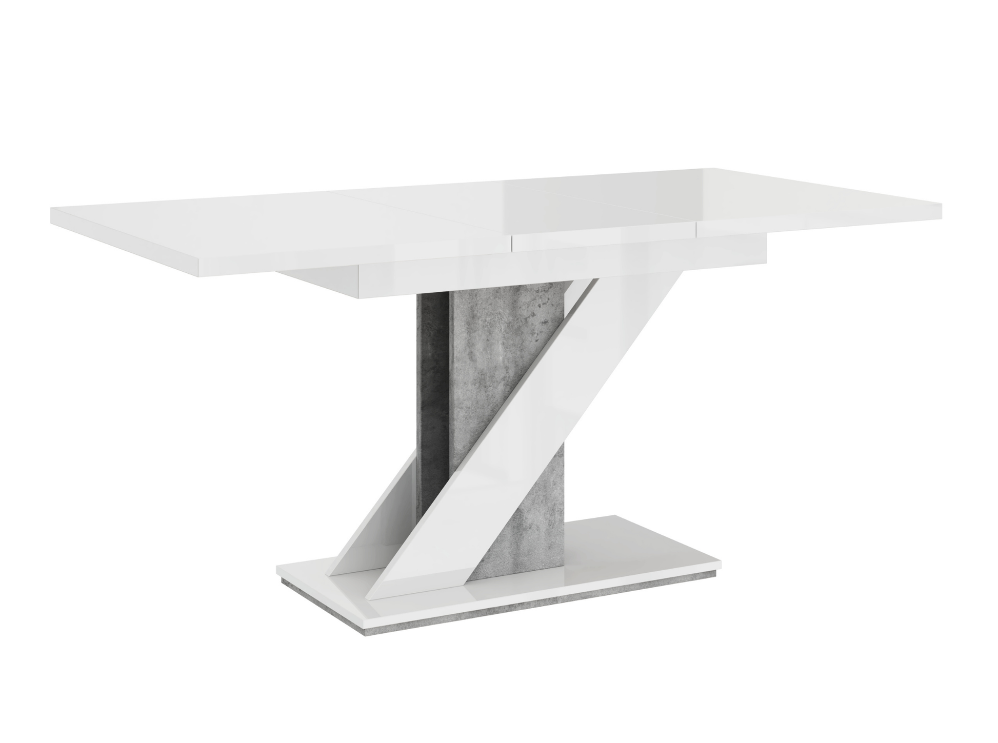 Elegant white gloss dining table with grey concrete V-shaped base – MAVEA.
