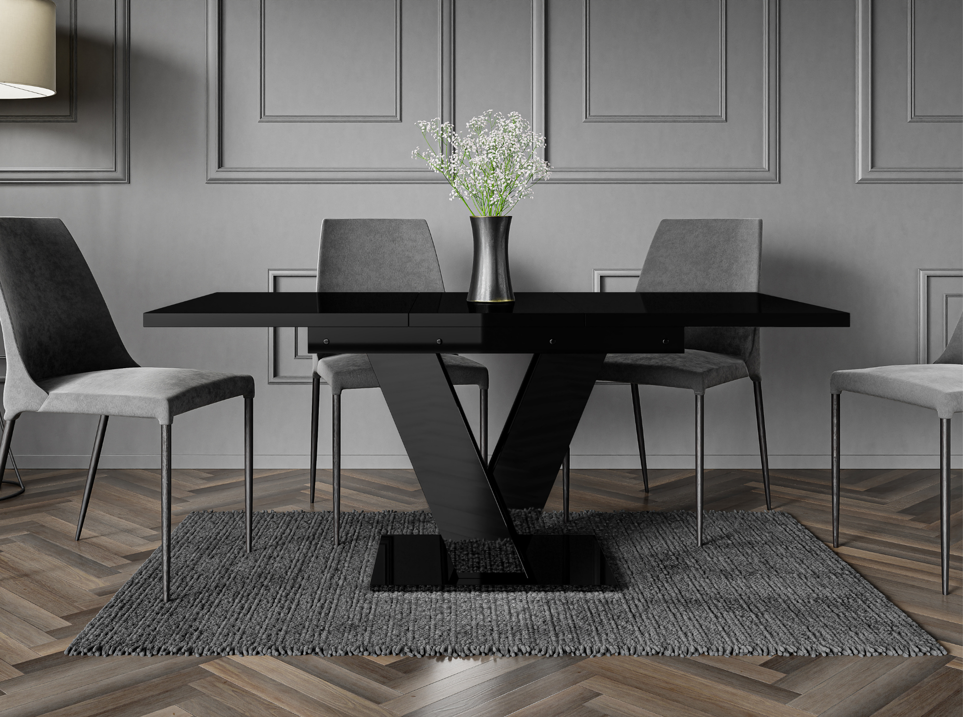 Modern MASIV extendable dining table in glossy black finish for dining rooms.